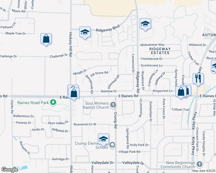 map of restaurants, bars, coffee shops, grocery stores, and more near 6085 Raintree Drive in Memphis