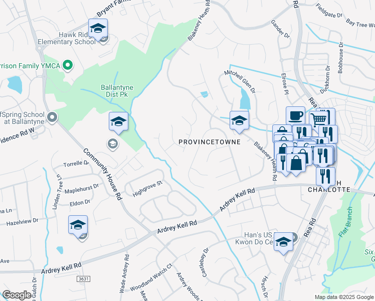 map of restaurants, bars, coffee shops, grocery stores, and more near 9327 Autumn Applause Drive in Charlotte
