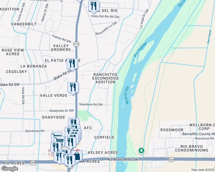 map of restaurants, bars, coffee shops, grocery stores, and more near 1409 Jardin Road Southwest in Albuquerque