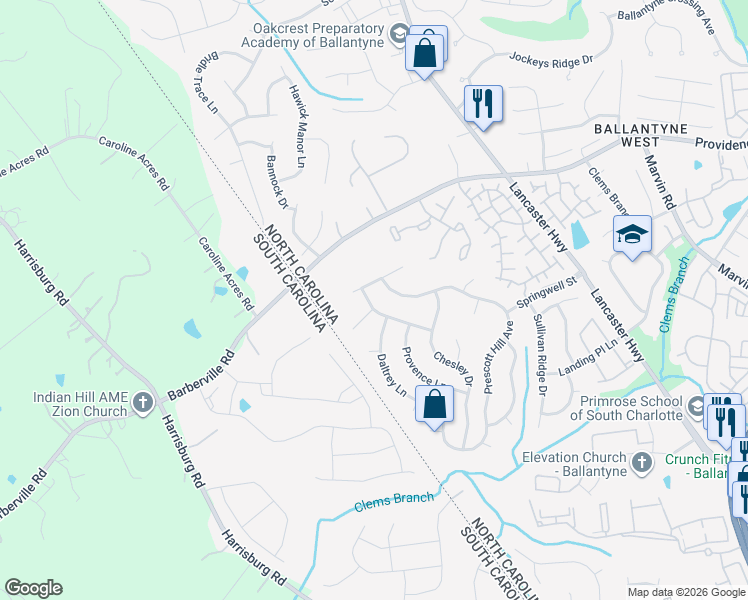 map of restaurants, bars, coffee shops, grocery stores, and more near 15104 Redwood Valley Lane in Charlotte