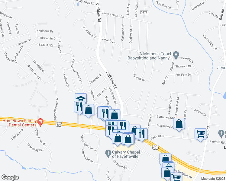 map of restaurants, bars, coffee shops, grocery stores, and more near 1647 Hazelhurst Drive in Fayetteville