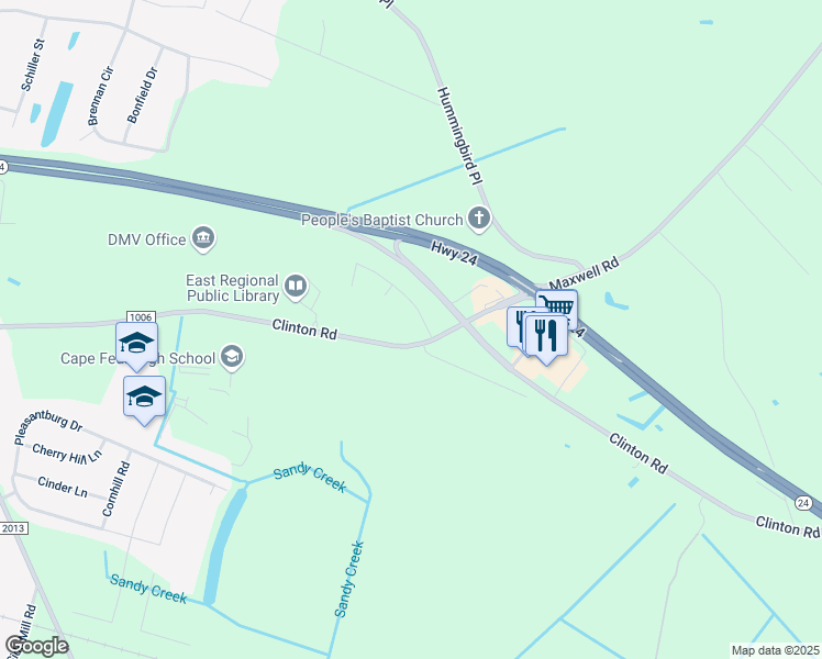map of restaurants, bars, coffee shops, grocery stores, and more near 4945 Clinton Road in Stedman