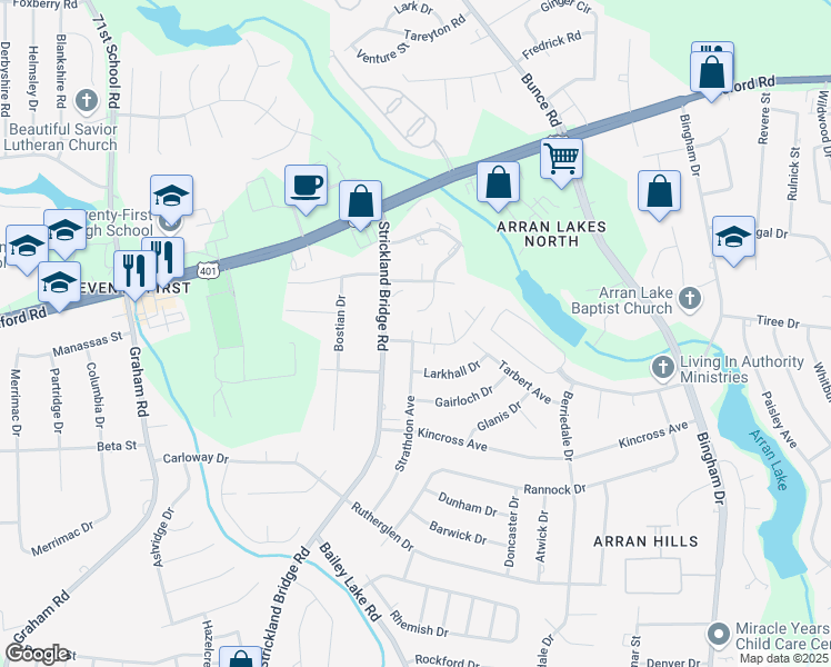 map of restaurants, bars, coffee shops, grocery stores, and more near 1079 Strathdon Avenue in Fayetteville