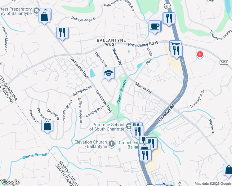 map of restaurants, bars, coffee shops, grocery stores, and more near 15436 Marvin Road in Charlotte