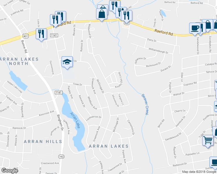 map of restaurants, bars, coffee shops, grocery stores, and more near 1218 Wildwood Drive in Fayetteville