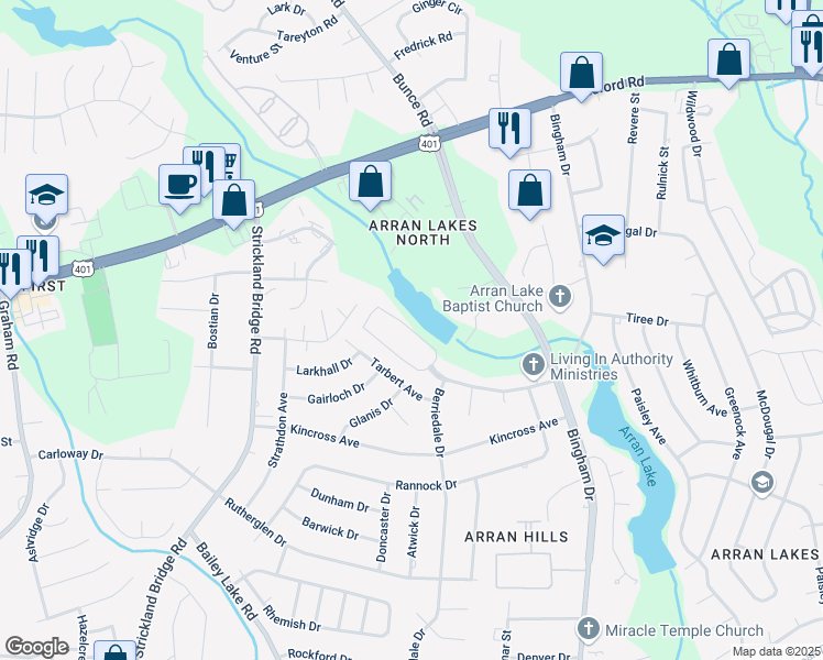 map of restaurants, bars, coffee shops, grocery stores, and more near 6406 Hidden Lake Loop in Fayetteville