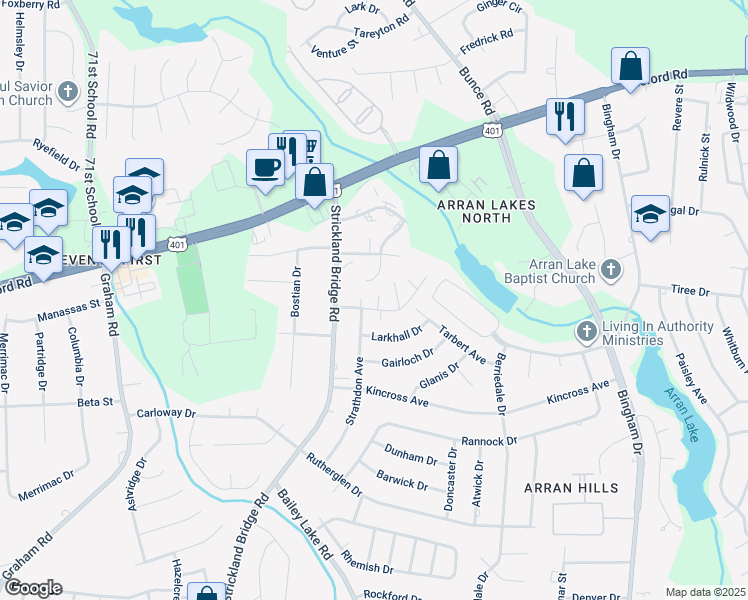 map of restaurants, bars, coffee shops, grocery stores, and more near 1079 Strathdon Avenue in Fayetteville