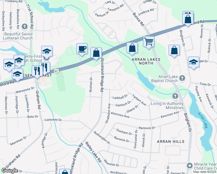 map of restaurants, bars, coffee shops, grocery stores, and more near 1079 Strathdon Avenue in Fayetteville