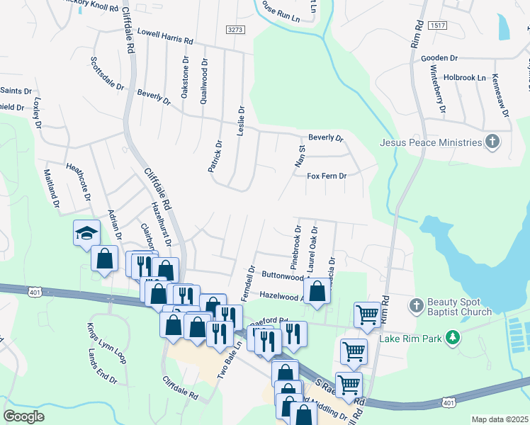 map of restaurants, bars, coffee shops, grocery stores, and more near 1430 Ferndell Drive in Fayetteville