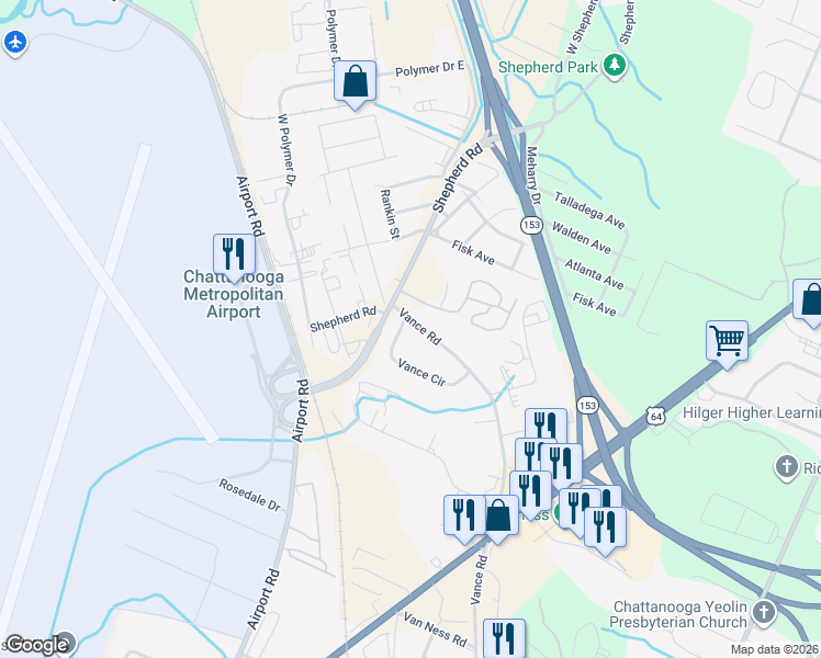 map of restaurants, bars, coffee shops, grocery stores, and more near 6108 Vance Road in Chattanooga
