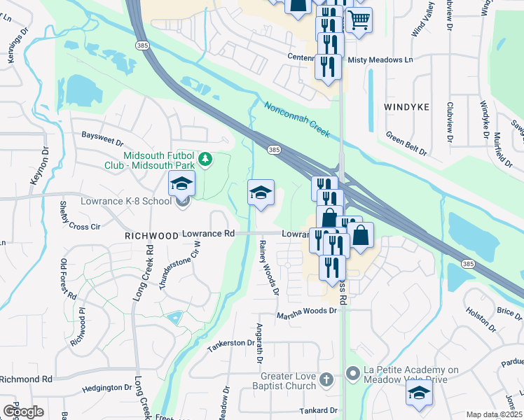 map of restaurants, bars, coffee shops, grocery stores, and more near 7900 Lowrance Road in Memphis