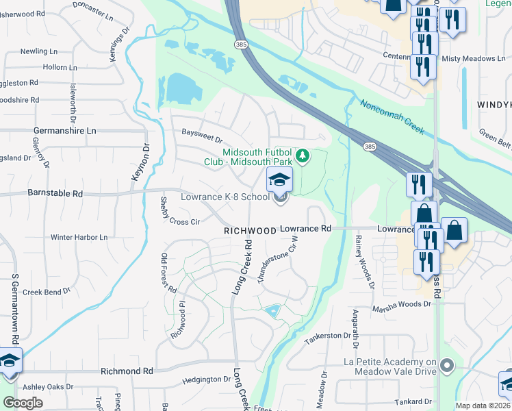 map of restaurants, bars, coffee shops, grocery stores, and more near 7739 Lowrance Road in Memphis