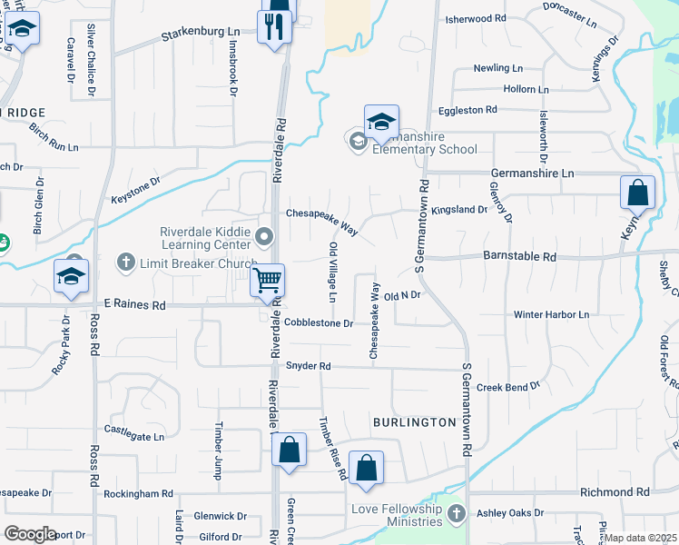 map of restaurants, bars, coffee shops, grocery stores, and more near 4153 Old Village Lane in Memphis
