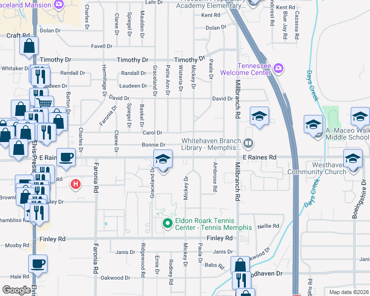 map of restaurants, bars, coffee shops, grocery stores, and more near 1557 East Raines Road in Memphis