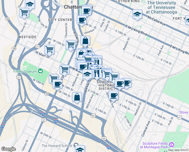 map of restaurants, bars, coffee shops, grocery stores, and more near 32 East Main Street in Chattanooga