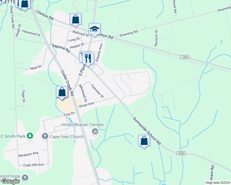 map of restaurants, bars, coffee shops, grocery stores, and more near 2107 Sapona Road in Fayetteville