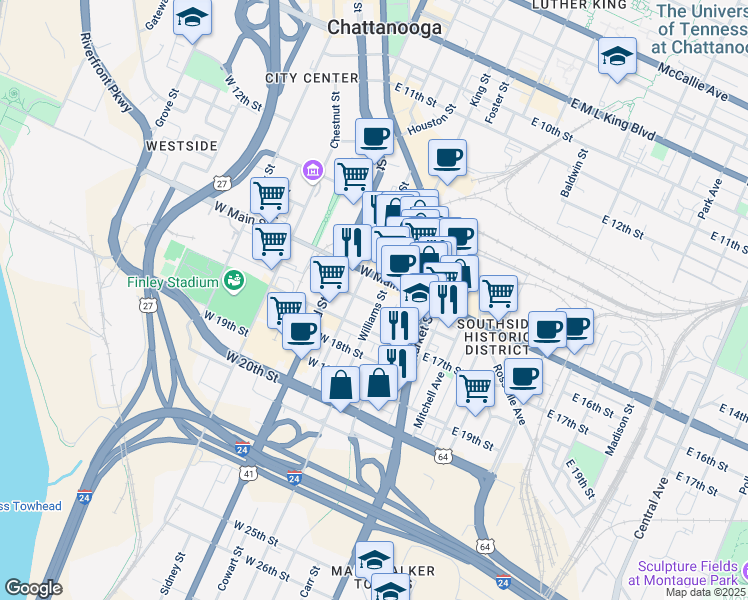 map of restaurants, bars, coffee shops, grocery stores, and more near 1603 Long Street in Chattanooga
