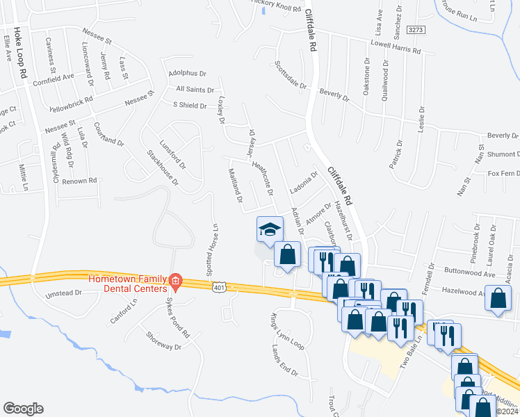 map of restaurants, bars, coffee shops, grocery stores, and more near Roswell Drive in Fayetteville