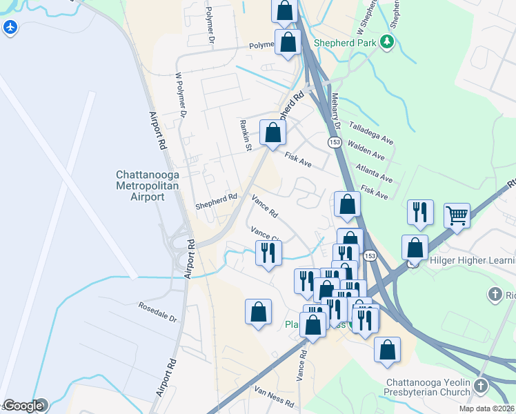 map of restaurants, bars, coffee shops, grocery stores, and more near 6108 Vance Road in Chattanooga