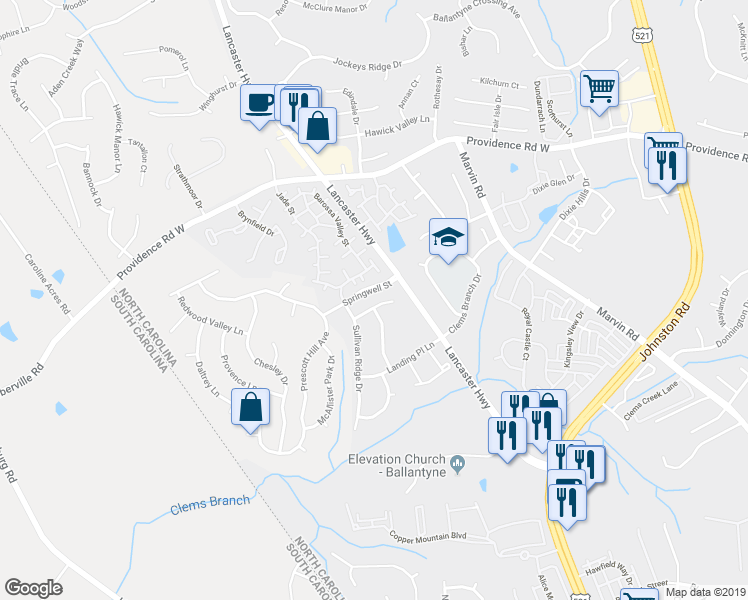 map of restaurants, bars, coffee shops, grocery stores, and more near 12024 Willoughby Run Drive in Charlotte