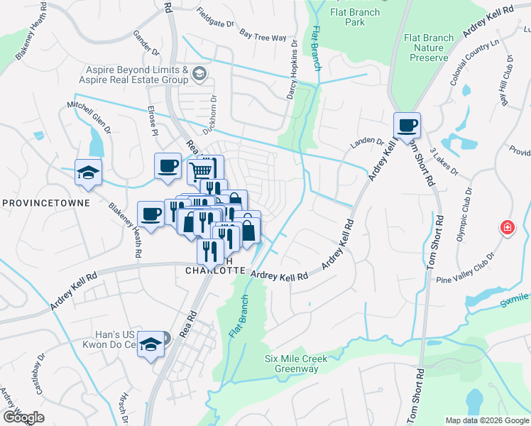 map of restaurants, bars, coffee shops, grocery stores, and more near 12865 Bullock Greenway Boulevard in Charlotte