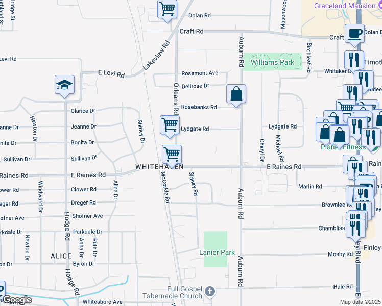 map of restaurants, bars, coffee shops, grocery stores, and more near 742 East Raines Road in Memphis