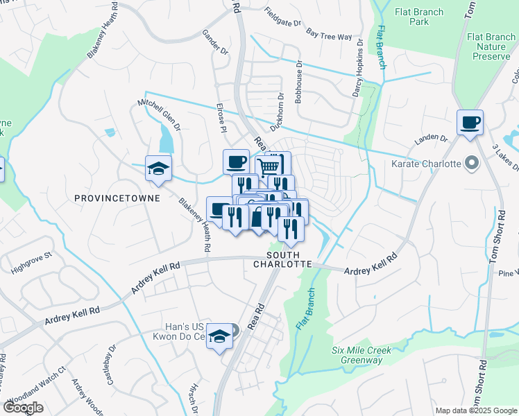 map of restaurants, bars, coffee shops, grocery stores, and more near 9720 Rea Road in Charlotte