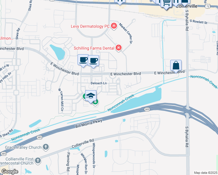 map of restaurants, bars, coffee shops, grocery stores, and more near 327 Park Manor Lane in Collierville