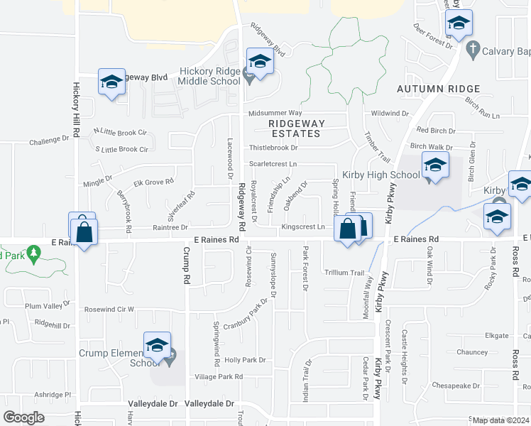 map of restaurants, bars, coffee shops, grocery stores, and more near 4119 Friendship Lane in Memphis