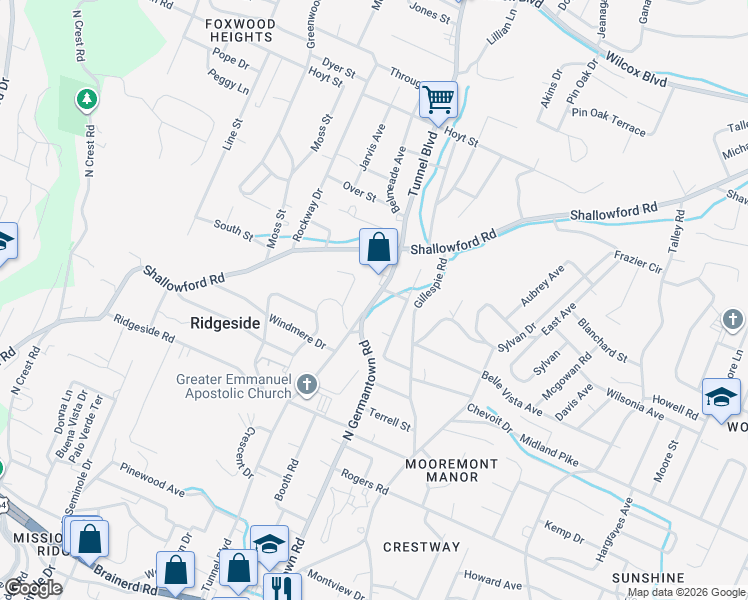 map of restaurants, bars, coffee shops, grocery stores, and more near 506 Tunnel Boulevard in Chattanooga