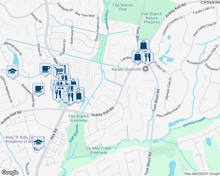 map of restaurants, bars, coffee shops, grocery stores, and more near 6803 Flat Creek Drive in Charlotte