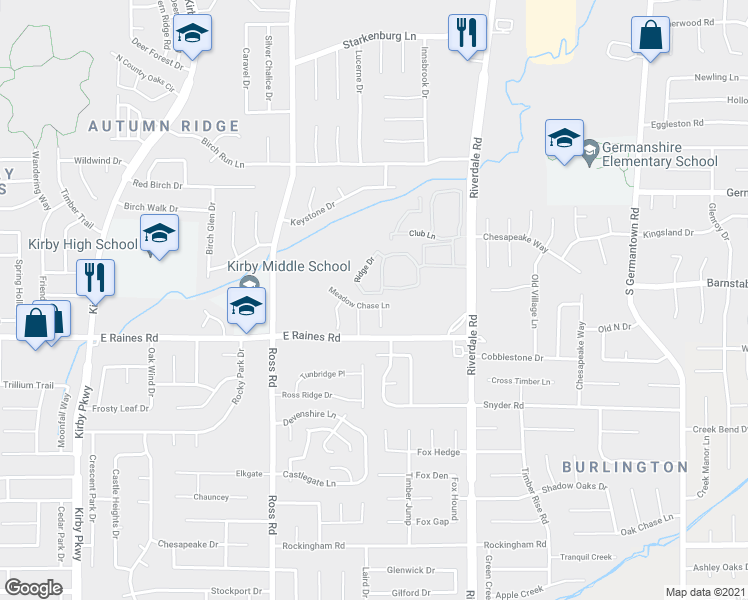 map of restaurants, bars, coffee shops, grocery stores, and more near 6832 Meadow Chase Lane in Memphis