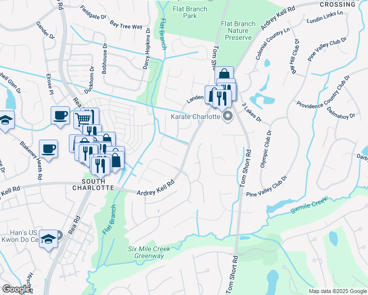 map of restaurants, bars, coffee shops, grocery stores, and more near 12322 Longmont Drive in Charlotte
