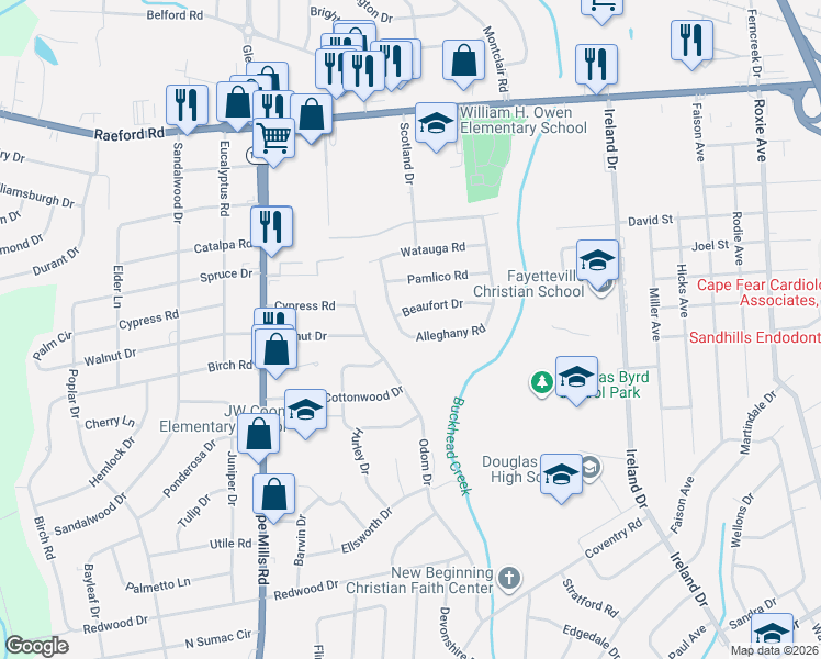 map of restaurants, bars, coffee shops, grocery stores, and more near 4724 Beaufort Drive in Fayetteville