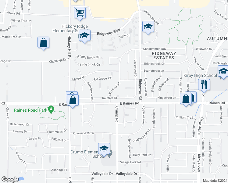 map of restaurants, bars, coffee shops, grocery stores, and more near 4116 Silverleaf Road in Memphis