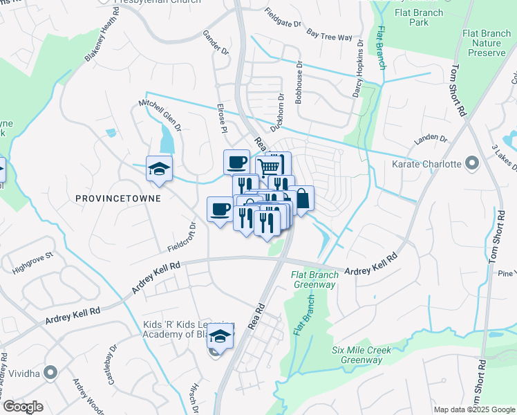 map of restaurants, bars, coffee shops, grocery stores, and more near 9716 Rea Rd in Charlotte