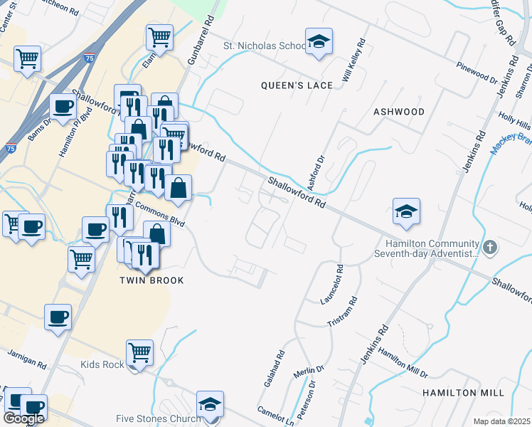 map of restaurants, bars, coffee shops, grocery stores, and more near 1203 Regency Court in Chattanooga