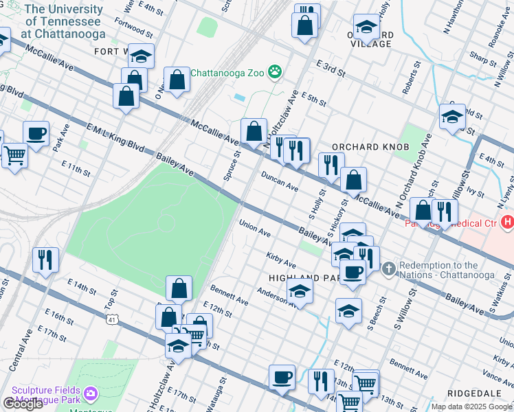 map of restaurants, bars, coffee shops, grocery stores, and more near 415 South Greenwood Avenue in Chattanooga