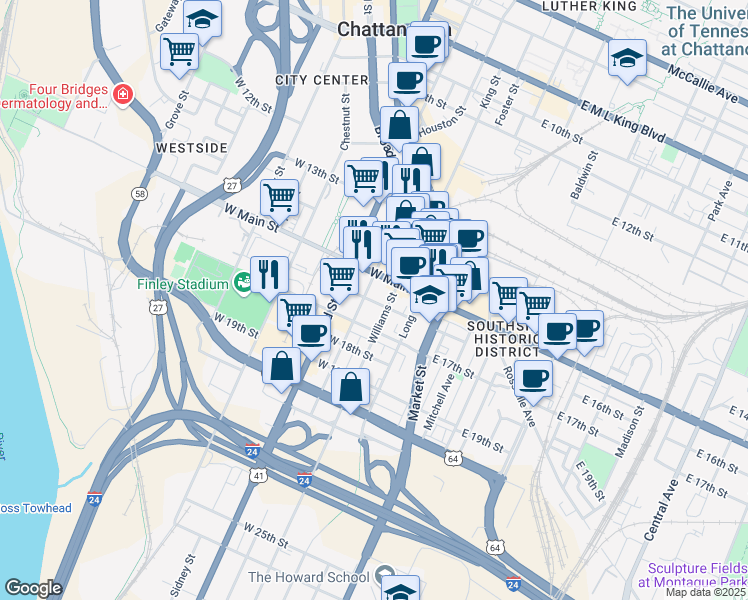 map of restaurants, bars, coffee shops, grocery stores, and more near 312 West Main Street in Chattanooga