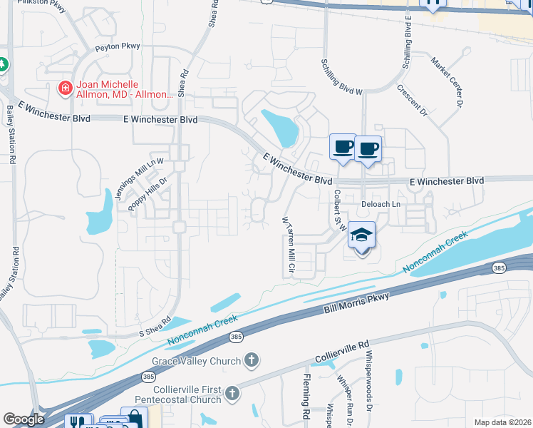 map of restaurants, bars, coffee shops, grocery stores, and more near 302 Oak Bluff Lane in Collierville