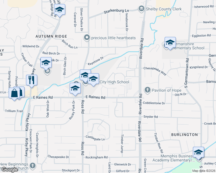 map of restaurants, bars, coffee shops, grocery stores, and more near 6770 Meadow Chase Lane in Memphis