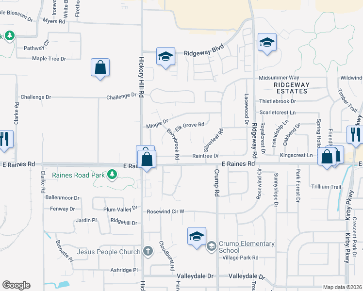 map of restaurants, bars, coffee shops, grocery stores, and more near 5993 Elk Grove Road in Memphis