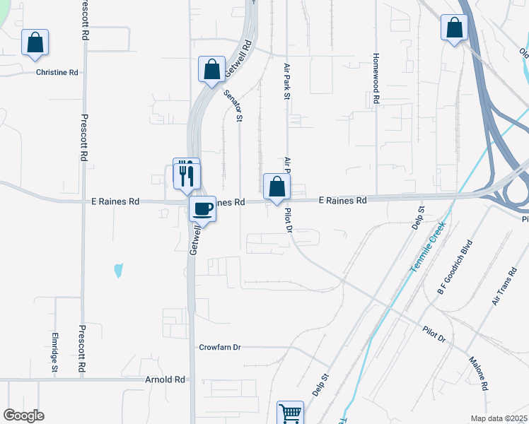 map of restaurants, bars, coffee shops, grocery stores, and more near 3909 East Raines Road in Memphis