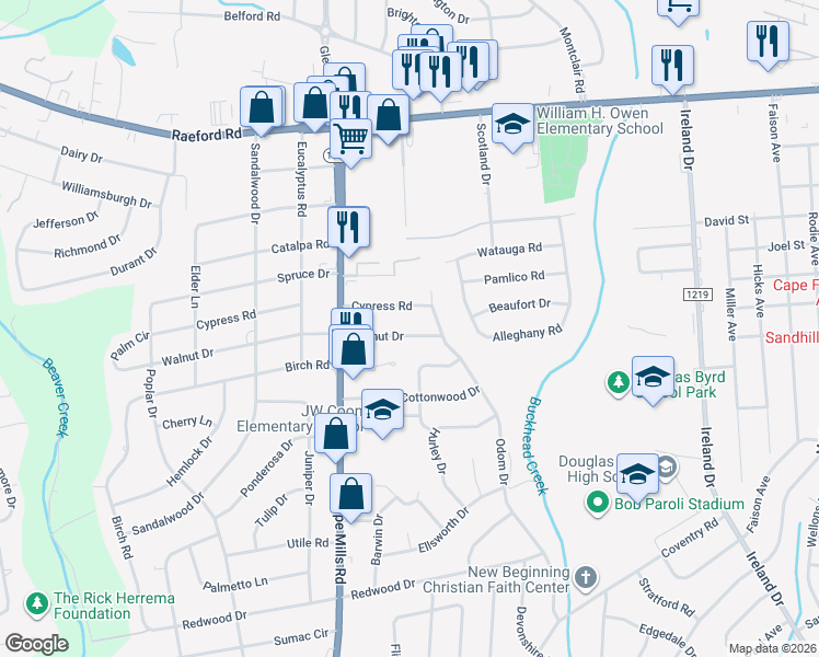 map of restaurants, bars, coffee shops, grocery stores, and more near 4917 Cypress Road in Fayetteville