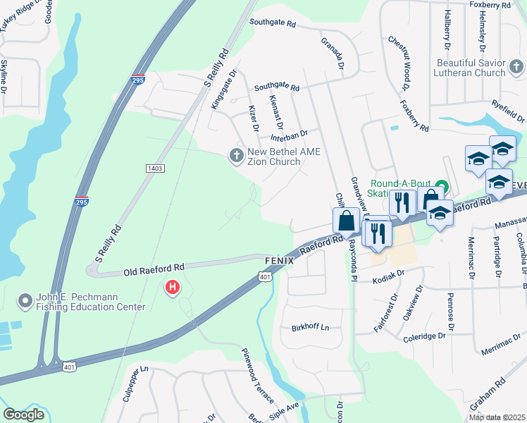 map of restaurants, bars, coffee shops, grocery stores, and more near 1386 Worstead Drive in Fayetteville