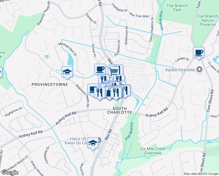 map of restaurants, bars, coffee shops, grocery stores, and more near 9720 Rea Road in Charlotte
