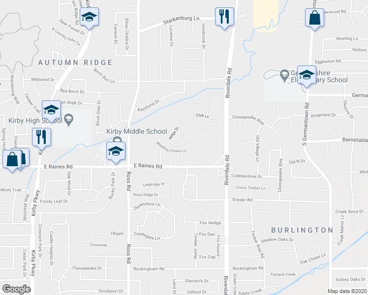 map of restaurants, bars, coffee shops, grocery stores, and more near 6848 Meadow Chase Lane in Memphis