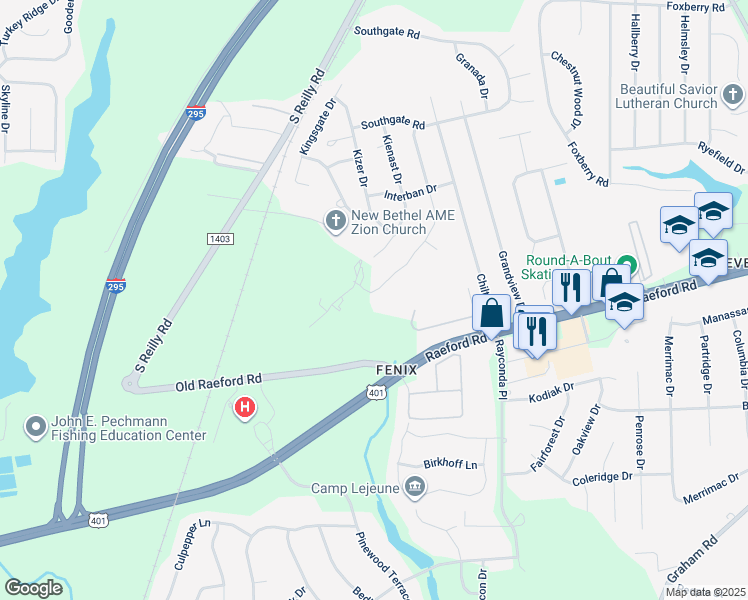 map of restaurants, bars, coffee shops, grocery stores, and more near 1399 Worstead Drive in Fayetteville