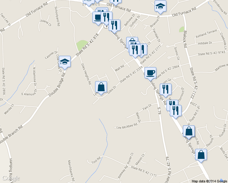 map of restaurants, bars, coffee shops, grocery stores, and more near 253 Giles Drive in Boiling Springs