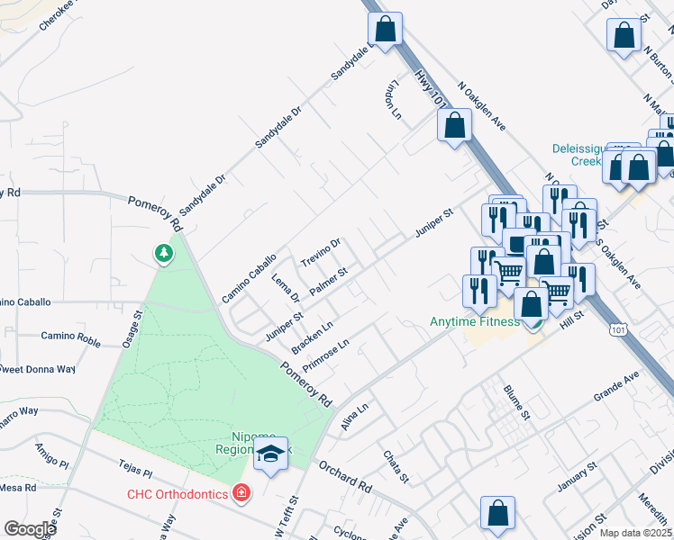 map of restaurants, bars, coffee shops, grocery stores, and more near 726 Palmer Street in Nipomo
